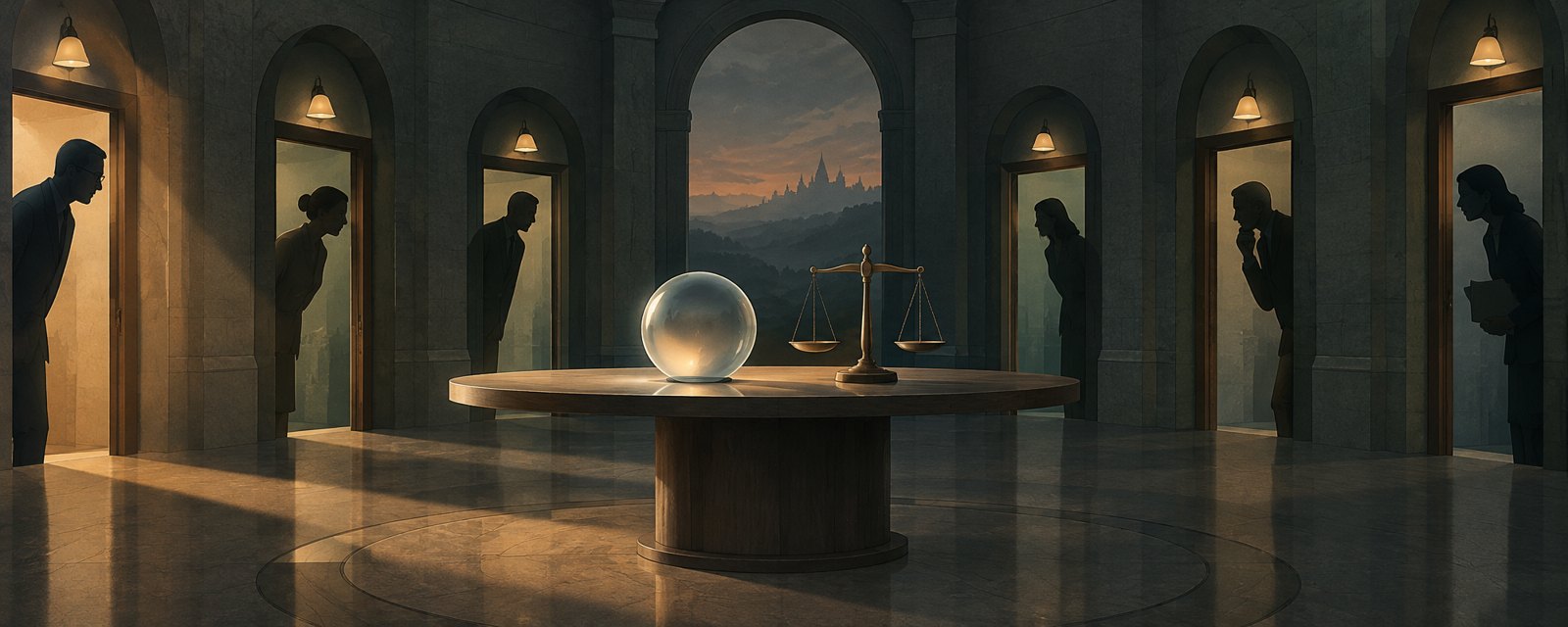 A dim stone hall where several lit doorways face a table holding a closed, faintly glowing glass sphere beside a level scale: institutions act while its nature stays unverified.