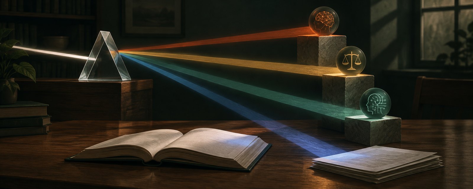 A prism in a dim study splits one beam of light into separate rays falling on a book and loose pages, suggesting once-unified traits now pulled apart.