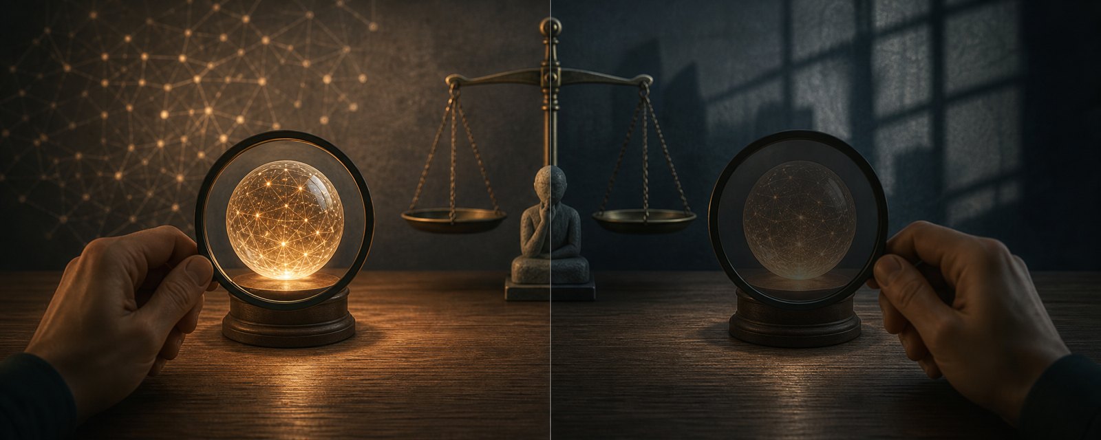 Two identical glowing glass spheres seen through a clear lens and a grey-tinted lens, showing how the observer's bias changes judgments of consciousness.
