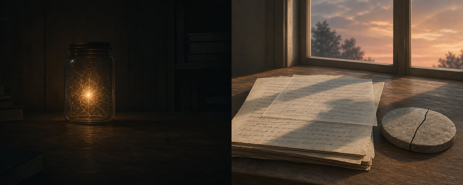 A dim study desk: manuscript pages under a misaligned translucent sheet and a cracked stone tablet, with an unresolved glowing jar behind, showing trust in truth wavering first.