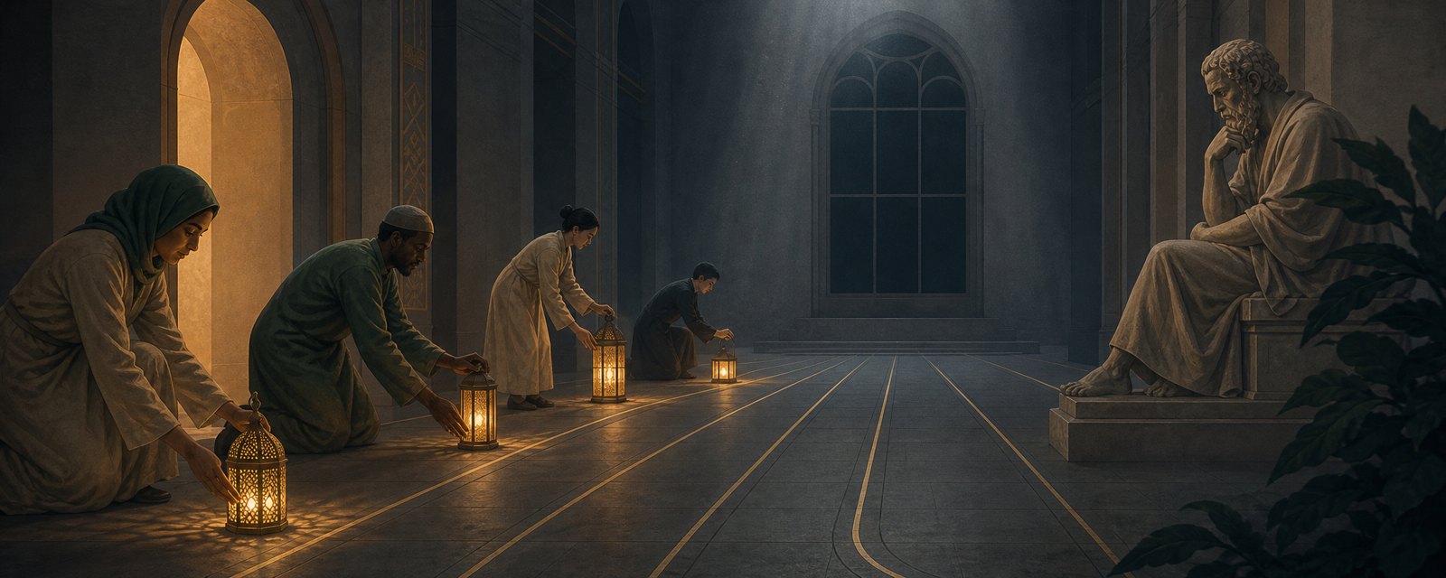 In a dim stone hall, small lanterns light a path while a large window stays dark, showing norms arriving before deep questions are answered.