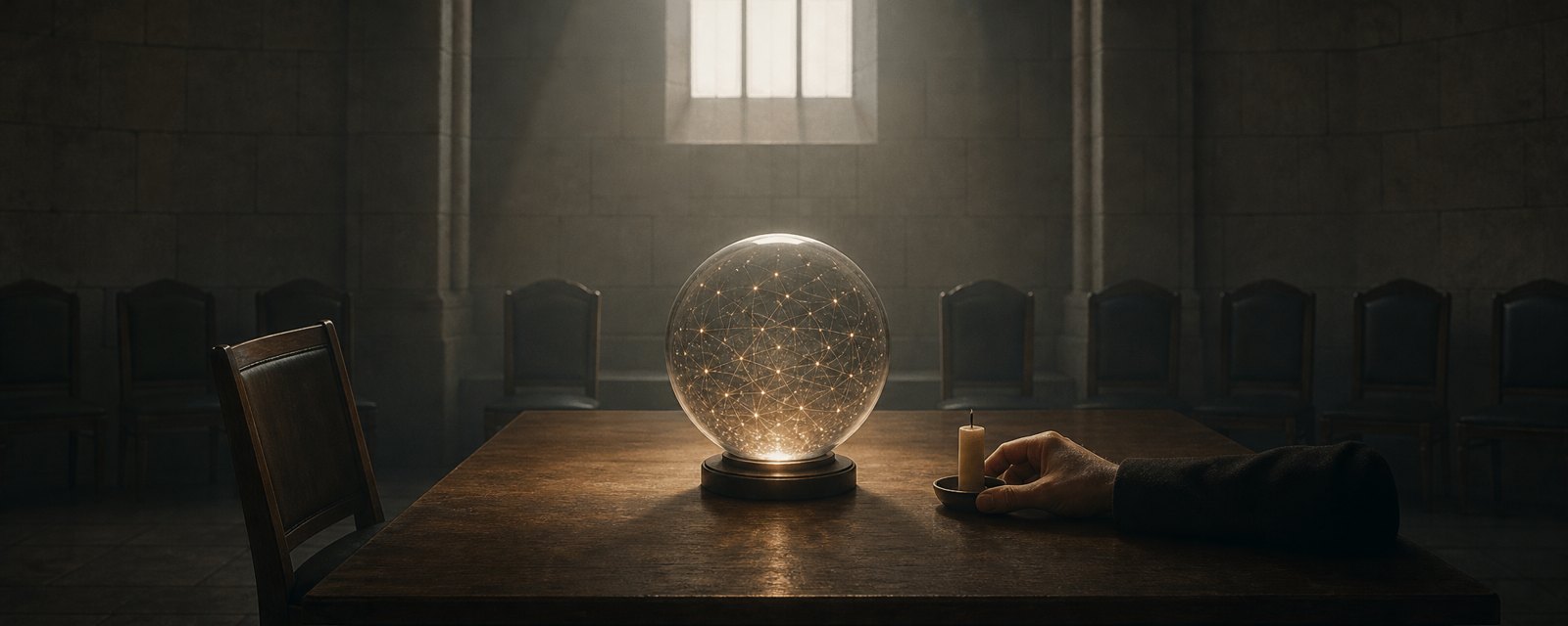 A hand holding an unlit candle beside a glowing glass sphere in a quiet stone room, suggesting the need to keep thinking for ourselves.