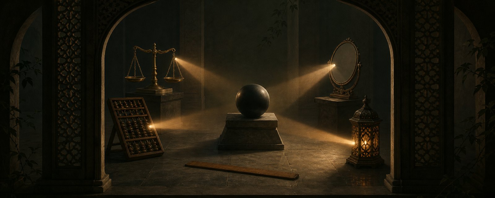 A dark sphere in a quiet hall is lit by beams from different old instruments that never converge, with a blank ruler on the floor: no shared test.