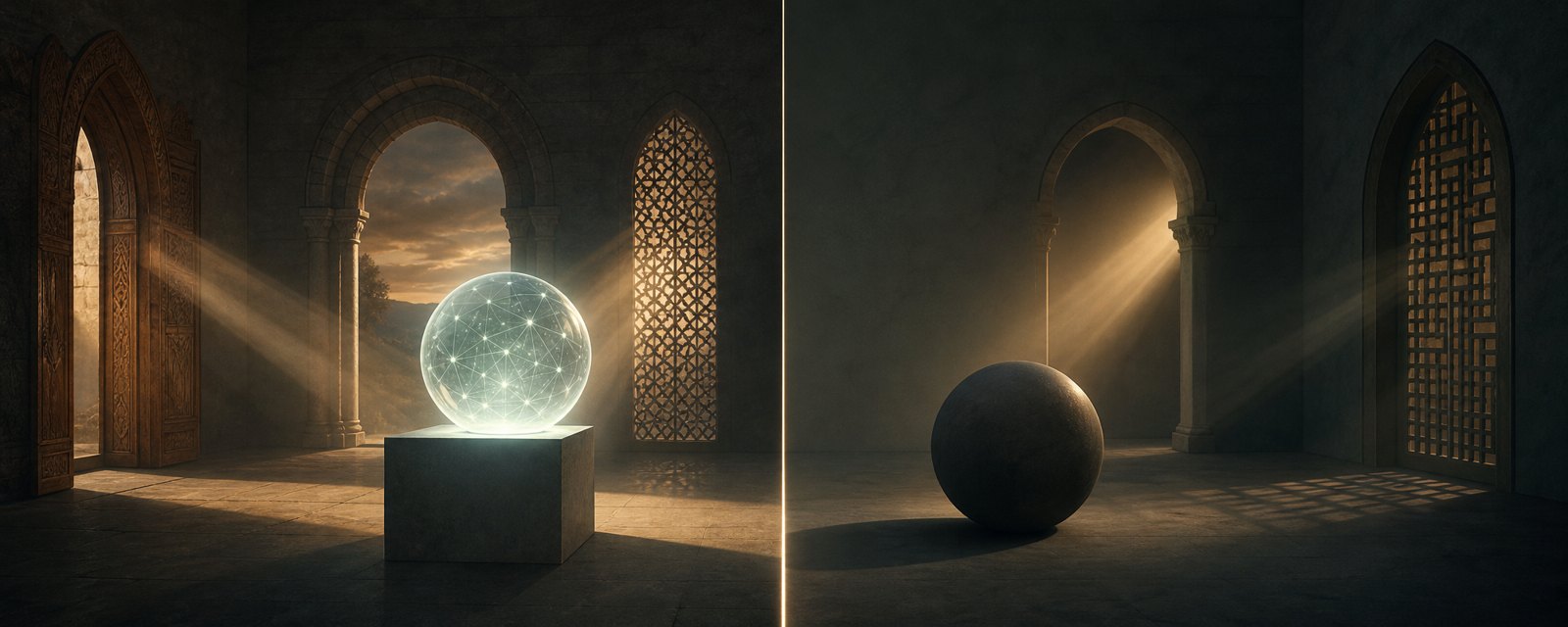 In a hushed stone hall, a glowing sphere and an unlit one sit apart while lamplight from varied archways falls on them: many traditions probing intelligence versus consciousness.