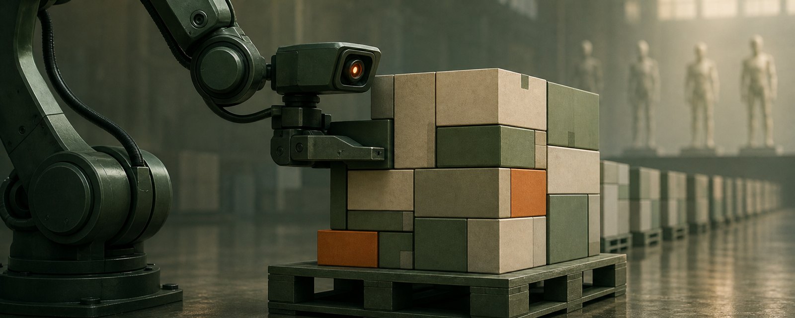 In a quiet warehouse a robot arm stacks mixed boxes neatly while distant humanoids stand idle, showing working logistics ahead of hype.