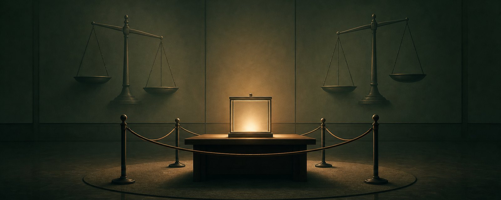 A dim room: a rope barrier gently encircles a glowing closed box whose contents are unseen, while two scales tilt apart behind it.