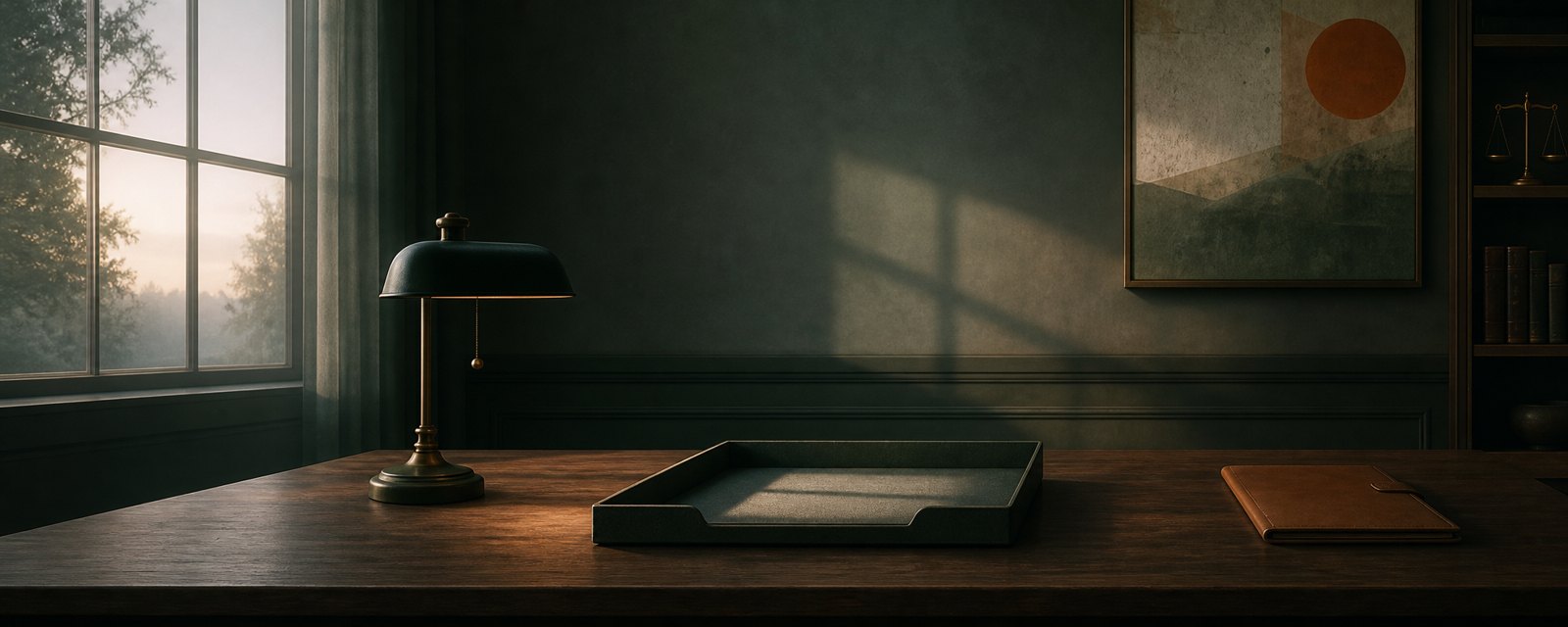 A dawn-lit desk with an empty document tray and an unlit lamp, suggesting a quiet pause: no articles yet, so no analysis.