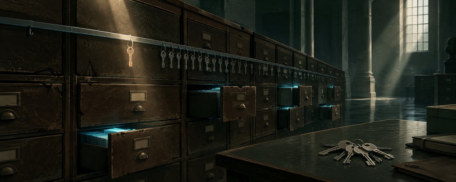 An old archive of cabinets with open drawers; one key lit by a beam of light, suggesting who holds access to public AI and how fragile legacy systems are.