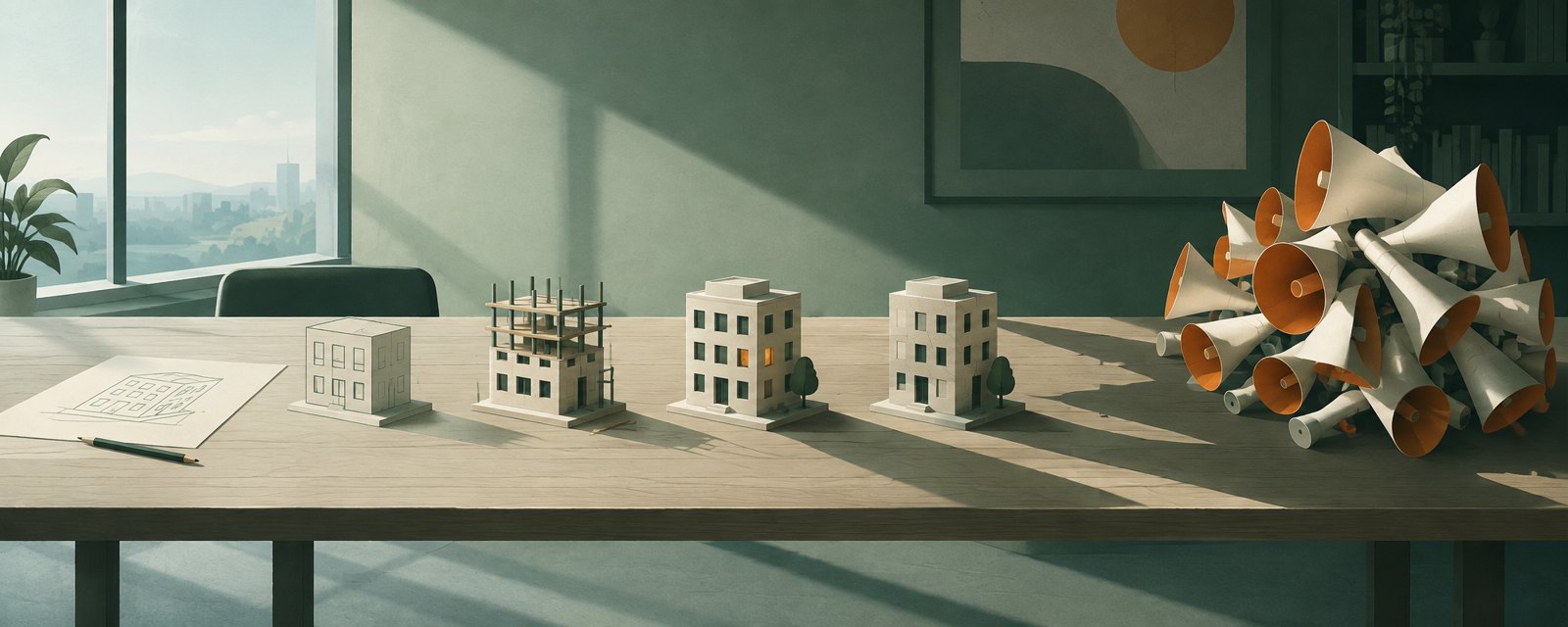 発表だけの模型、建設途中、完成した模型が並ぶ静かな卓。大きな影は報道量、細いひびは未確認の脅威を表す。