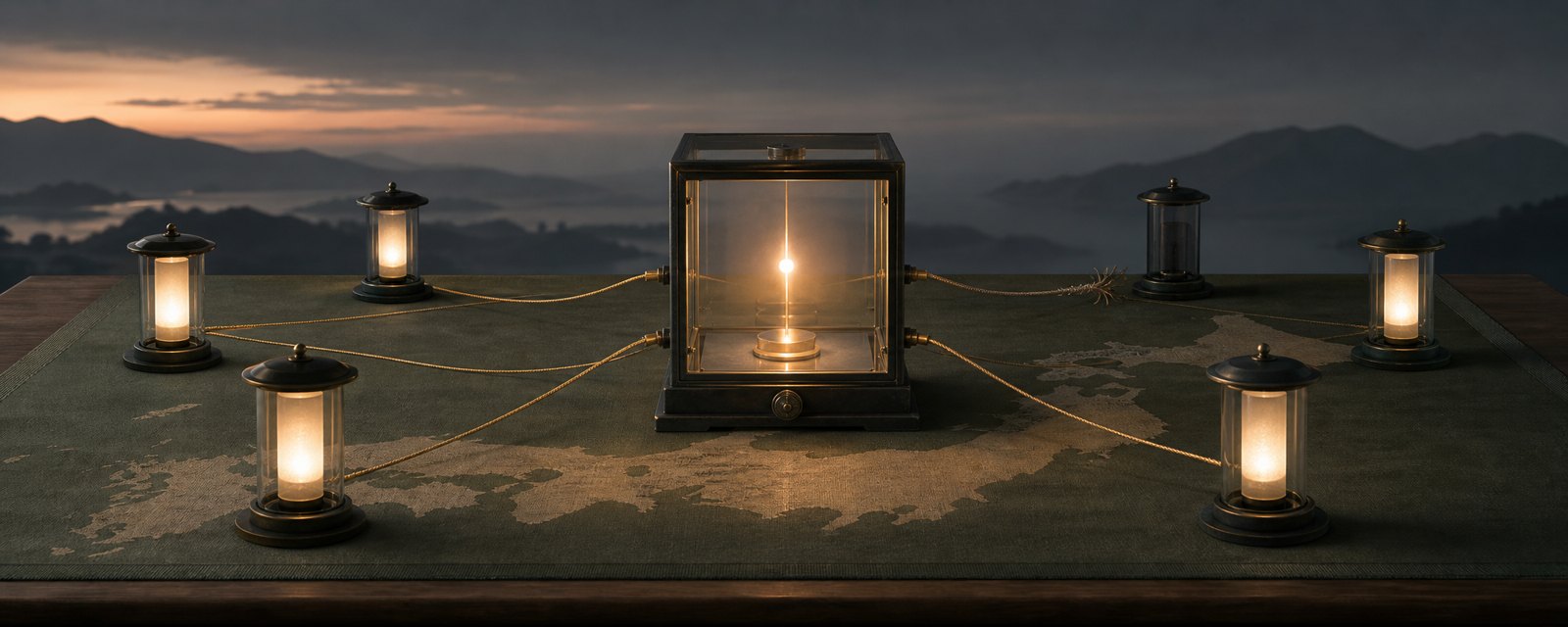 A lit glass vault linked by thin cords to surrounding lamps, one lamp dark and its cord frayed: national control of AI infrastructure and fragile supply.