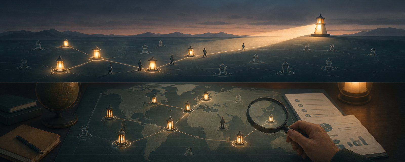 Lanterns lit across a dusk plain, some only chalk outlines, with small figures lagging behind: plans outpace delivery and skills.