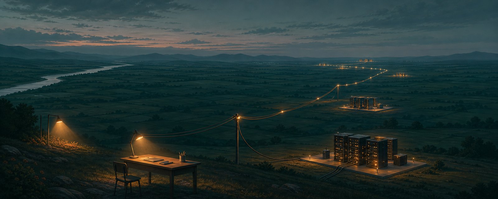 各地のサーバーの光が細い送電線につながり、供給が先で薄れていく。AI拡大が電力の制約に向かう様子。