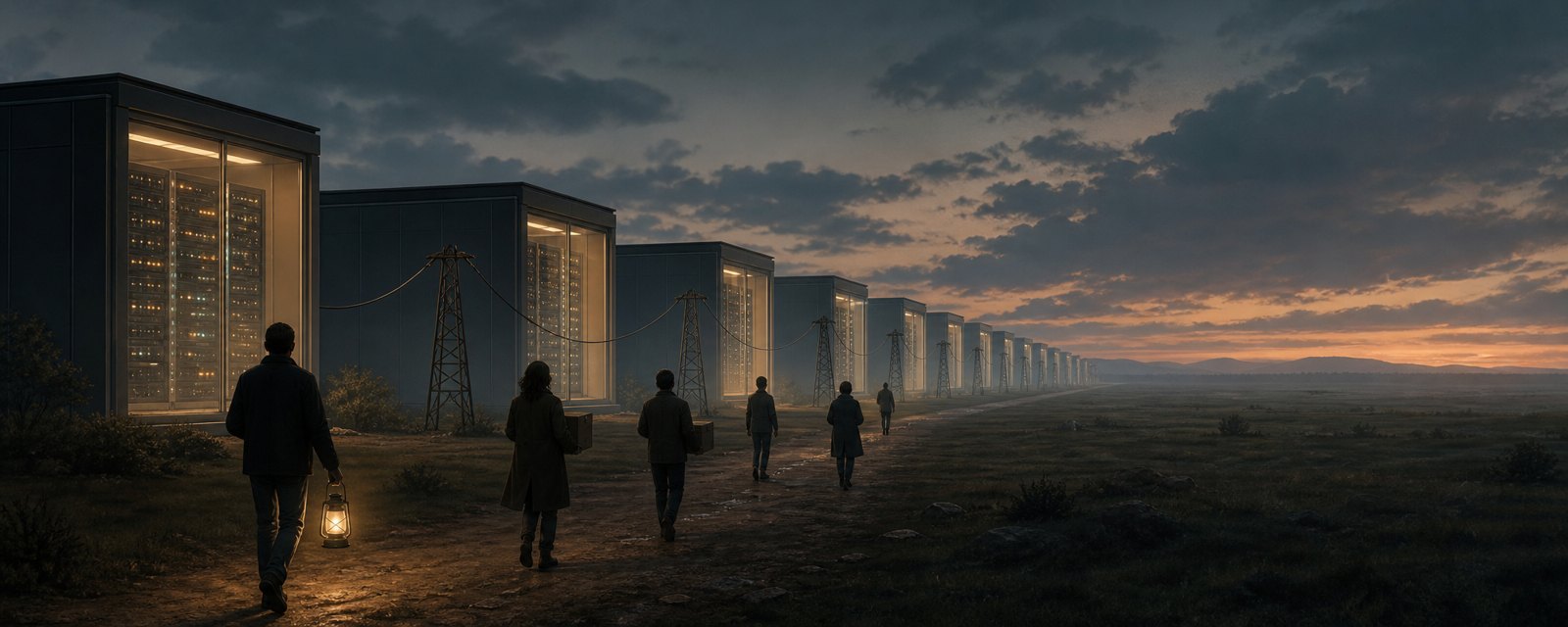 Glowing server halls tied to one thin power line at dusk, with small figures walking beside them: power limits how fast AI spreads.