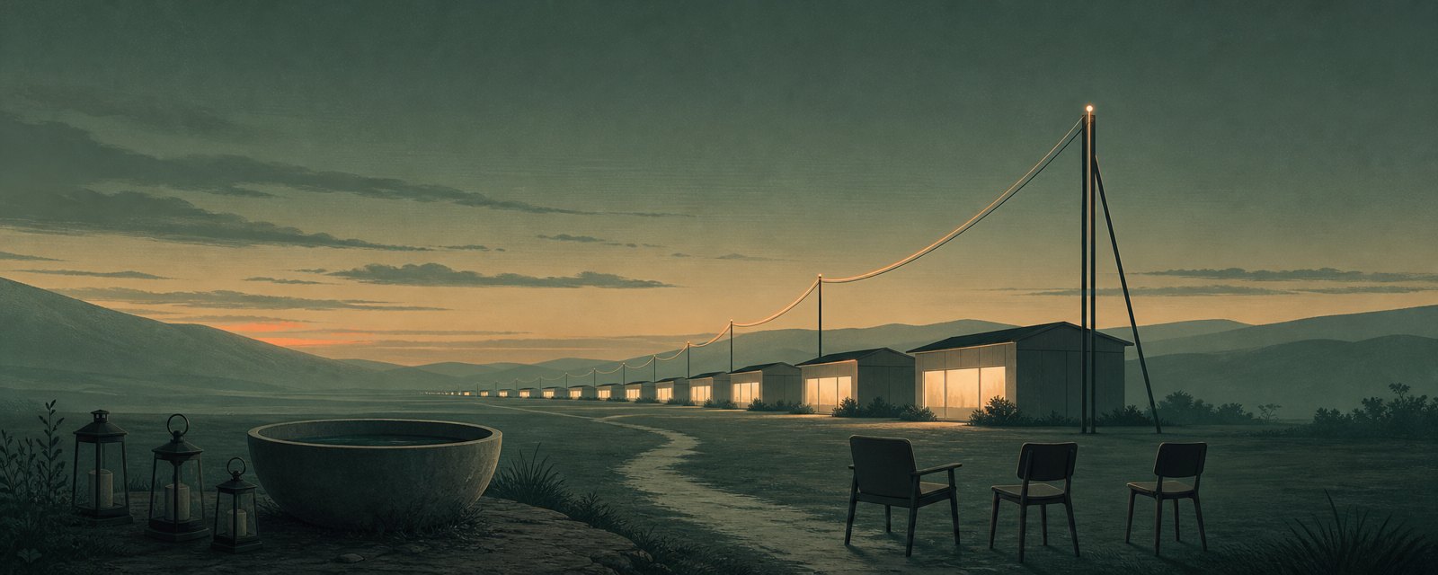 光る建物群が細い送電線一本につながる夕景。採用の速さに電力が追いつかない制約を表す。