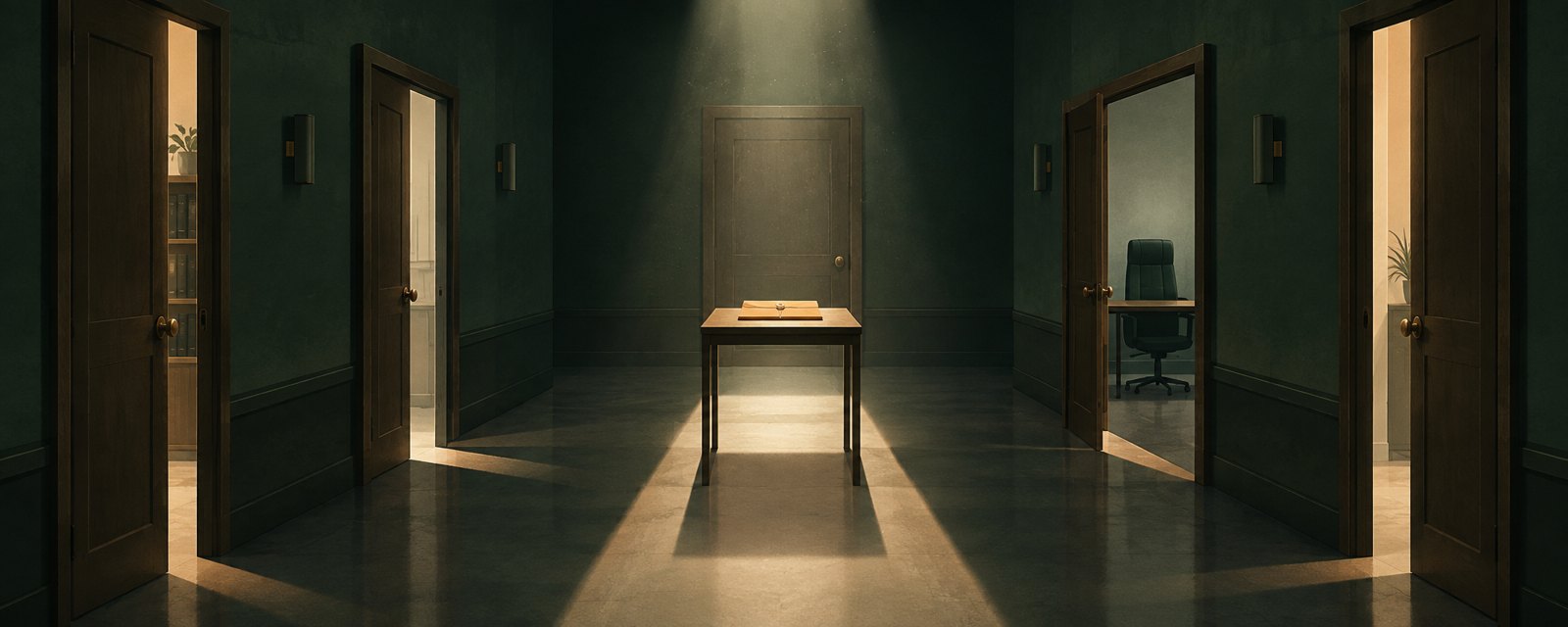 A dim corridor of doors ajar by different degrees leads to one still closed, with a sealed folder waiting in the light — approval without a defined authority.
