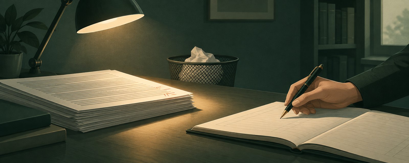 差し戻された資材と赤い書き込み、丸めた紙、開いたノートへ向かう手。怒りを記録に変える場面。