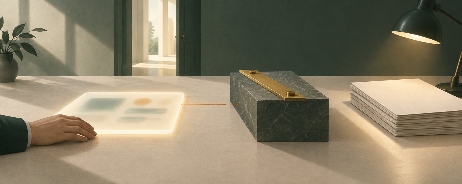 A glowing guidance panel stops short of a heavy, fixed stone ledger; a gap remains, and unread sheets wait under a lamp: the user must verify the rule.