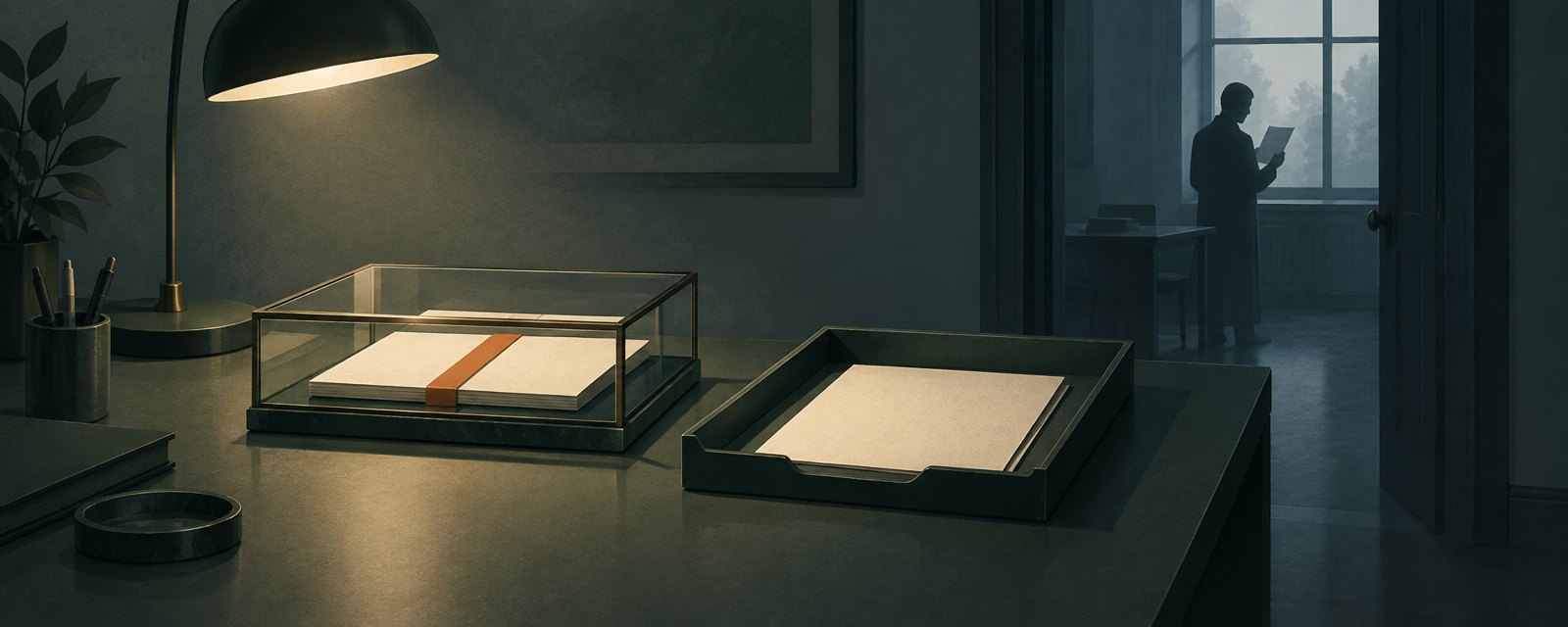 Two identical sheets, one sealed in a glass case, one on an open tray while a distant silhouette reads a sheet by a window: the account type decides who reads.