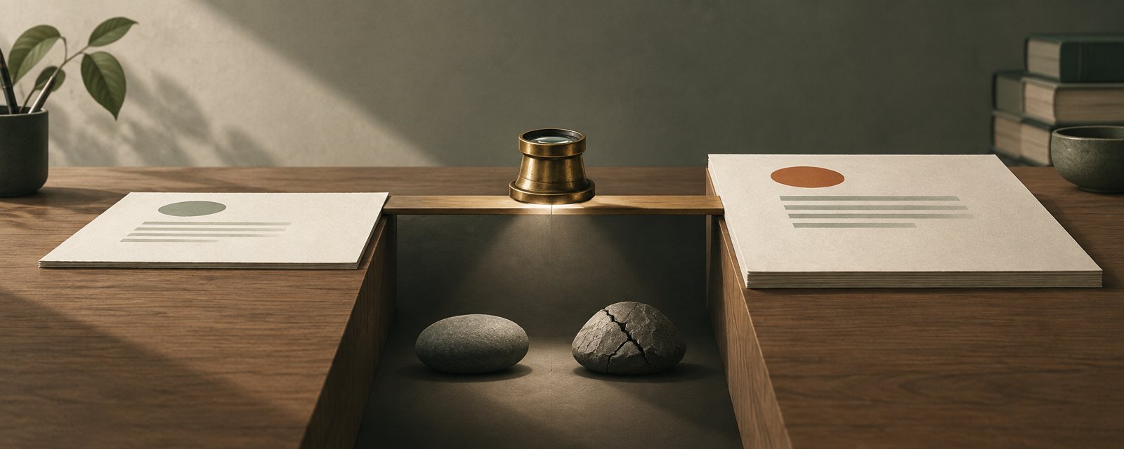 Two paper sheets joined by a thin plank over a dark gap with two stones below, a loupe lighting the plank's seam: verifying before trusting.