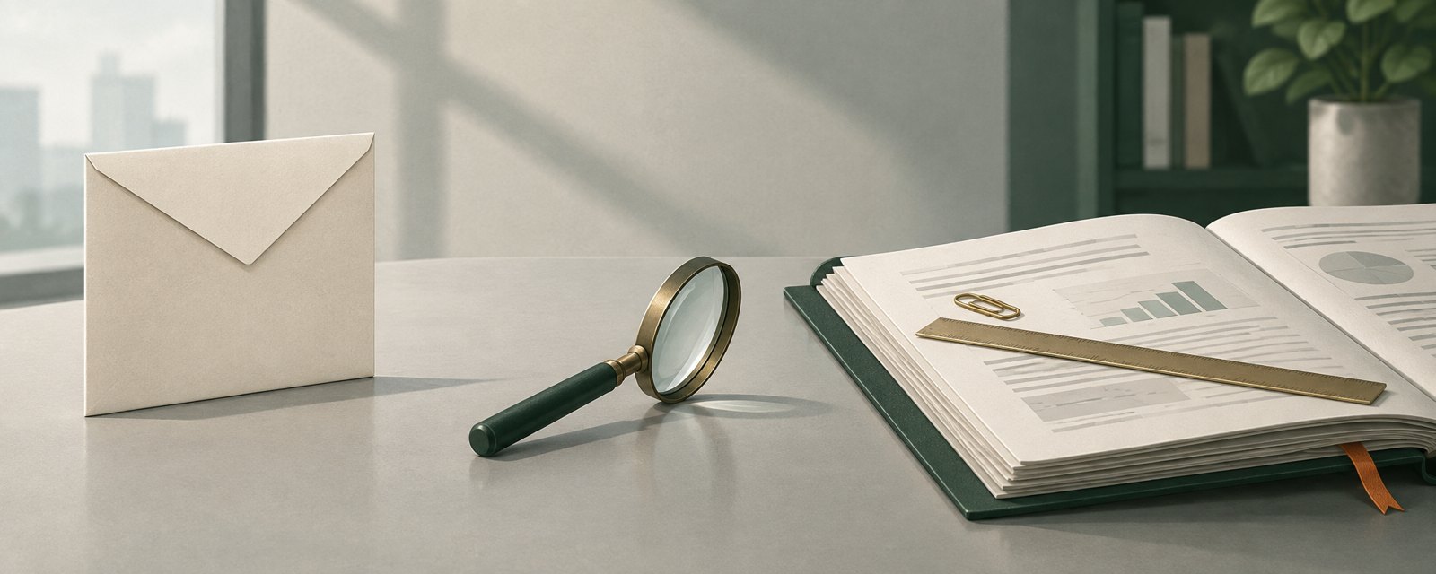 A sealed blank envelope beside an open heavy file with a ruler and lens aimed at the file: only compelled records can verify claims, not a pledge.