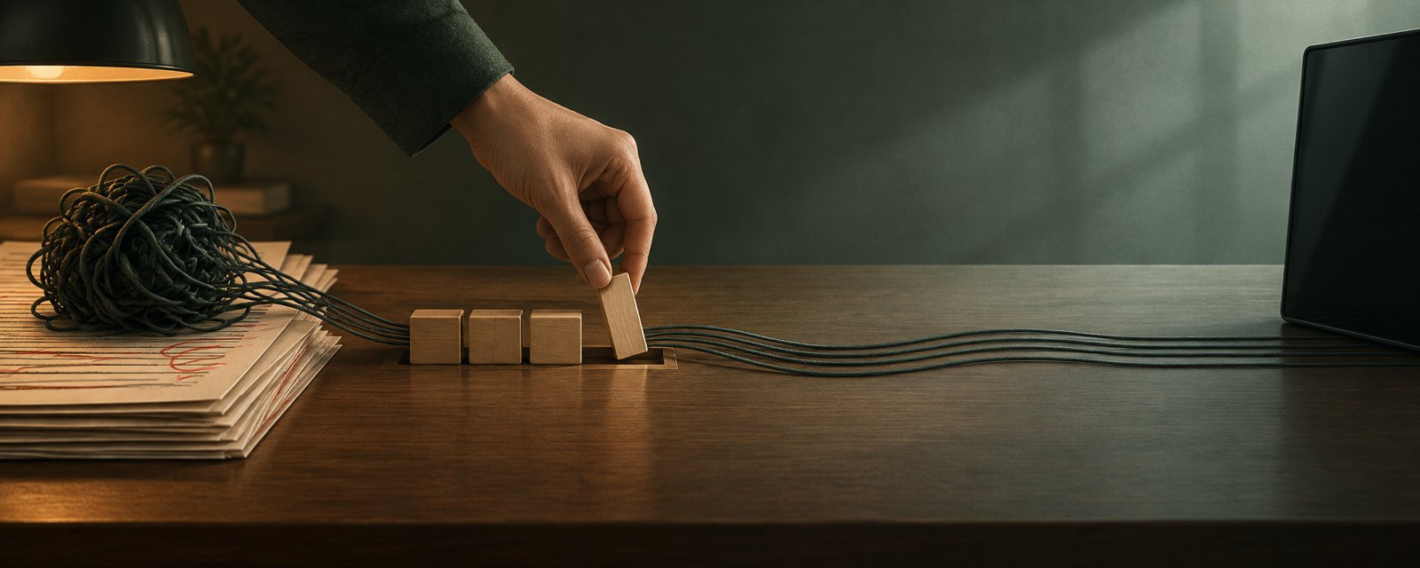 A tangled thread on marked review pages loosens into smooth lines after one blank tile is set in a groove; a dark screen rests untouched at the far right.