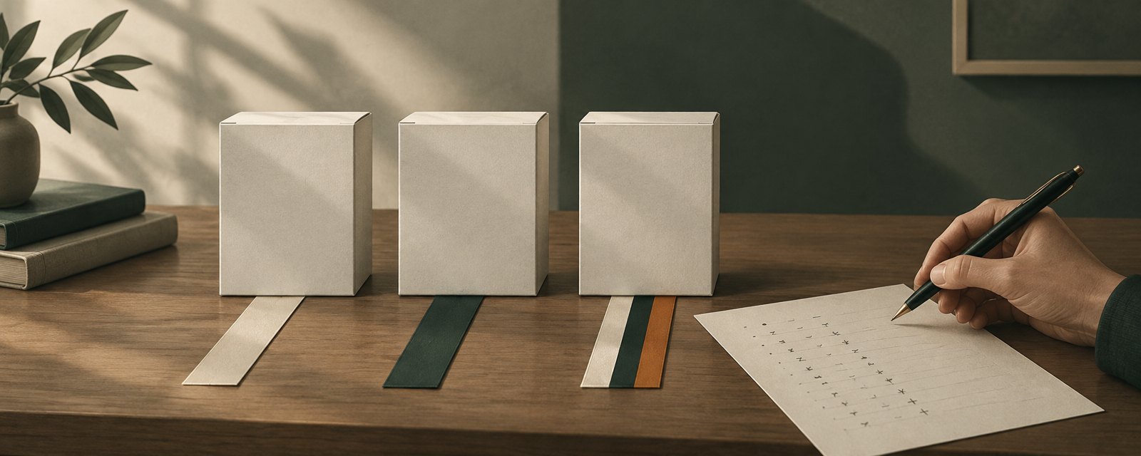同じ見た目の三つの箱と、それぞれ違う色の帯、そして記録用紙。名前では中身の設定が分からず、記録だけが頼りになることを示す。