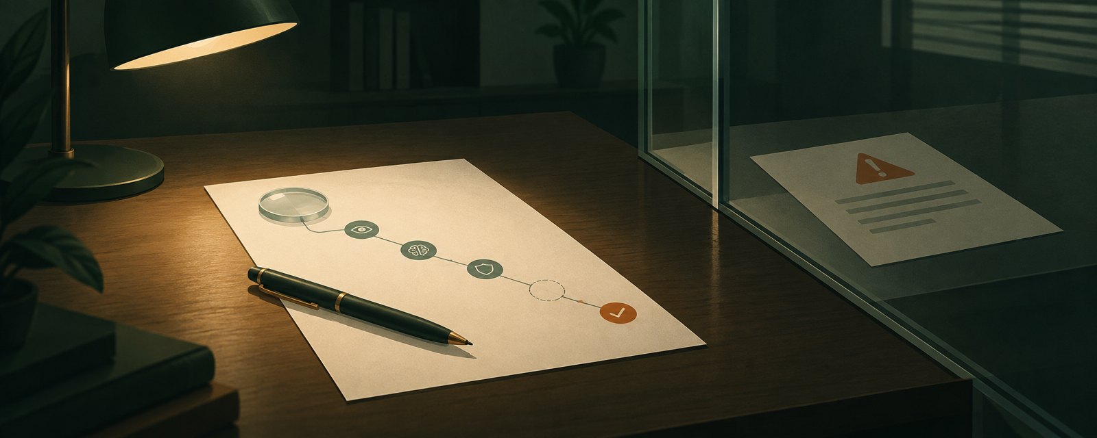 薄暗い机の上、途中の一段が空白のままの道筋を描いた書面と、ガラスの向こうに留まる注意書き。書かれない経路の重さを表す。