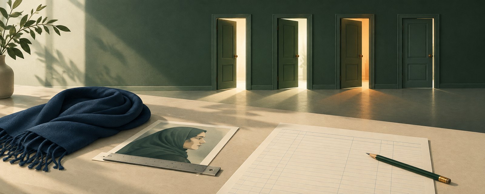 A folded scarf and blank ledger on a desk, with four doors behind it opened to different degrees, suggesting organisations must set their own rules.