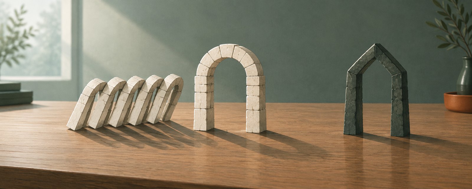 A row of identical stone arches leans together beside a separate, differently built arch, showing self-checks from one source versus truly independent verification.