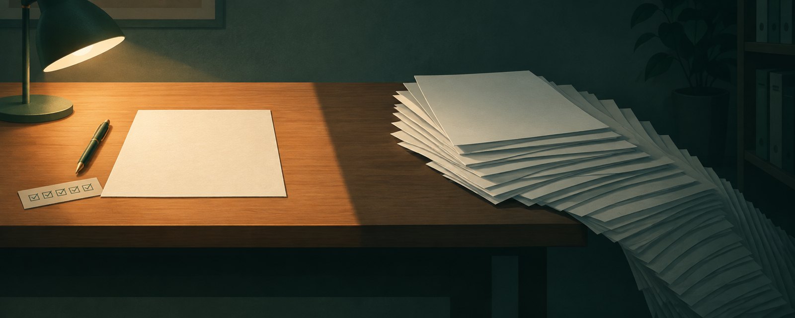 机の左で灯りの下に一枚の紙と印の付いた基準札が静かに止まり、右では似た紙が暗がりへ果てしなく溢れる。終わりを決める丁寧さと、終わらない完璧の対比。