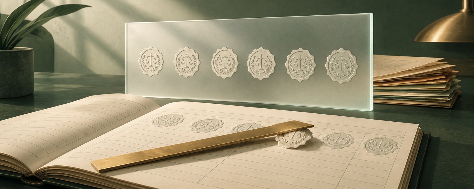 A glowing panel of identical-looking seals beside a ledger with a ruler laid on one line, showing claims are verified only against the dated register.