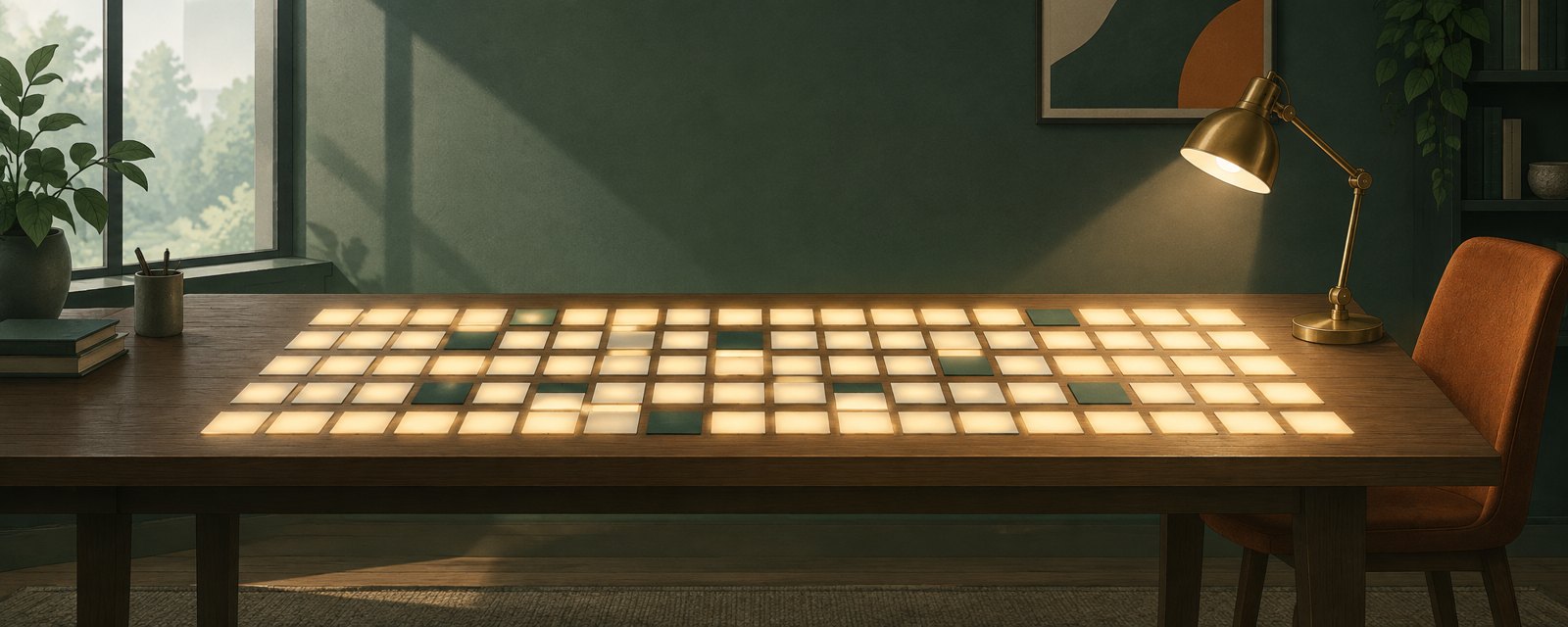 ほぼ全部が灯る札の列に、ほとんどの列で一枚だけ暗い札が混じる。項目の多くが通っても、全項目合格は少なく、人の見直しが要ることを示す。