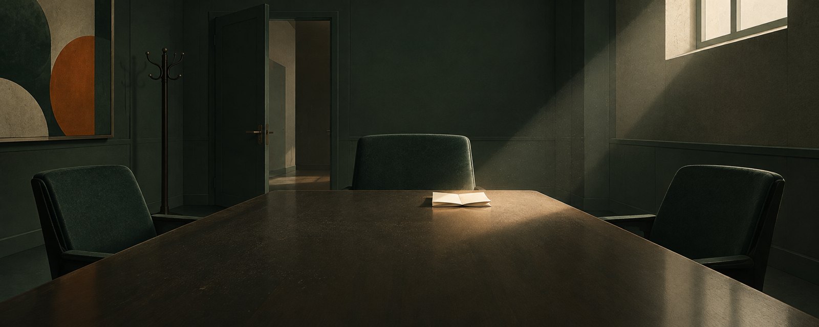 A dim meeting table with two empty chairs: one leaves a bare desk, the other leaves a folded paper in a beam of light before the head seat.