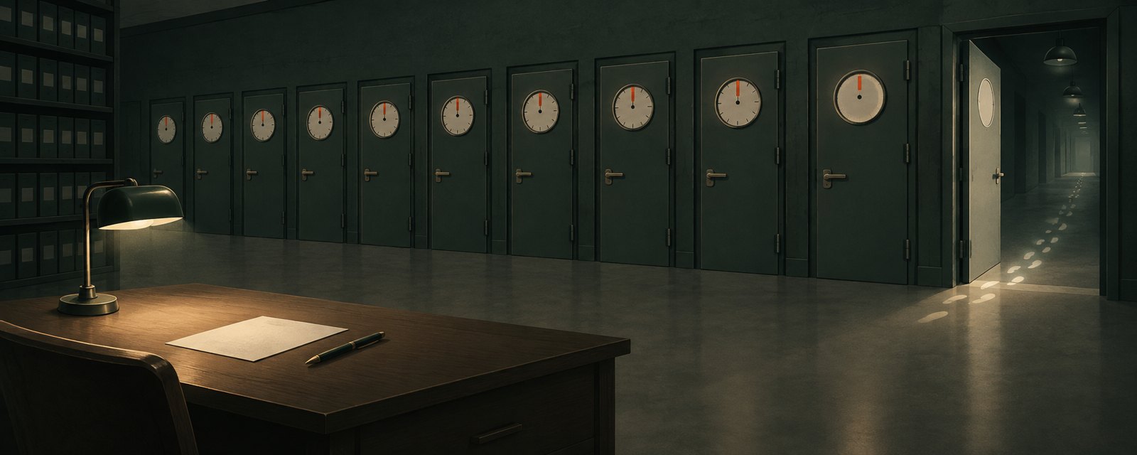 期限の印がある扉の列の端に、印のない扉が一つあり、足跡が抜けていく。作り手に期限が無い空白を表す。