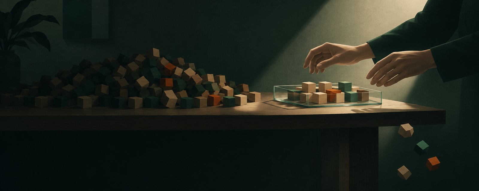 In a dim room, a beam of light picks out a few wooden blocks sorted into a tray while most of the pile stays in shadow, showing a count limited to what is reported.