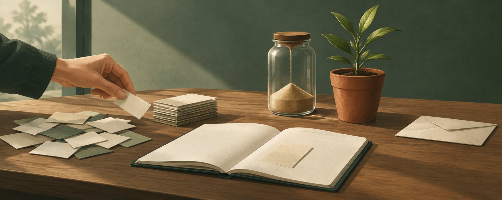 Paper slips being sorted into an ordered stack as sand drains from a jar and a small plant grows taller: time is spent, understanding grows.