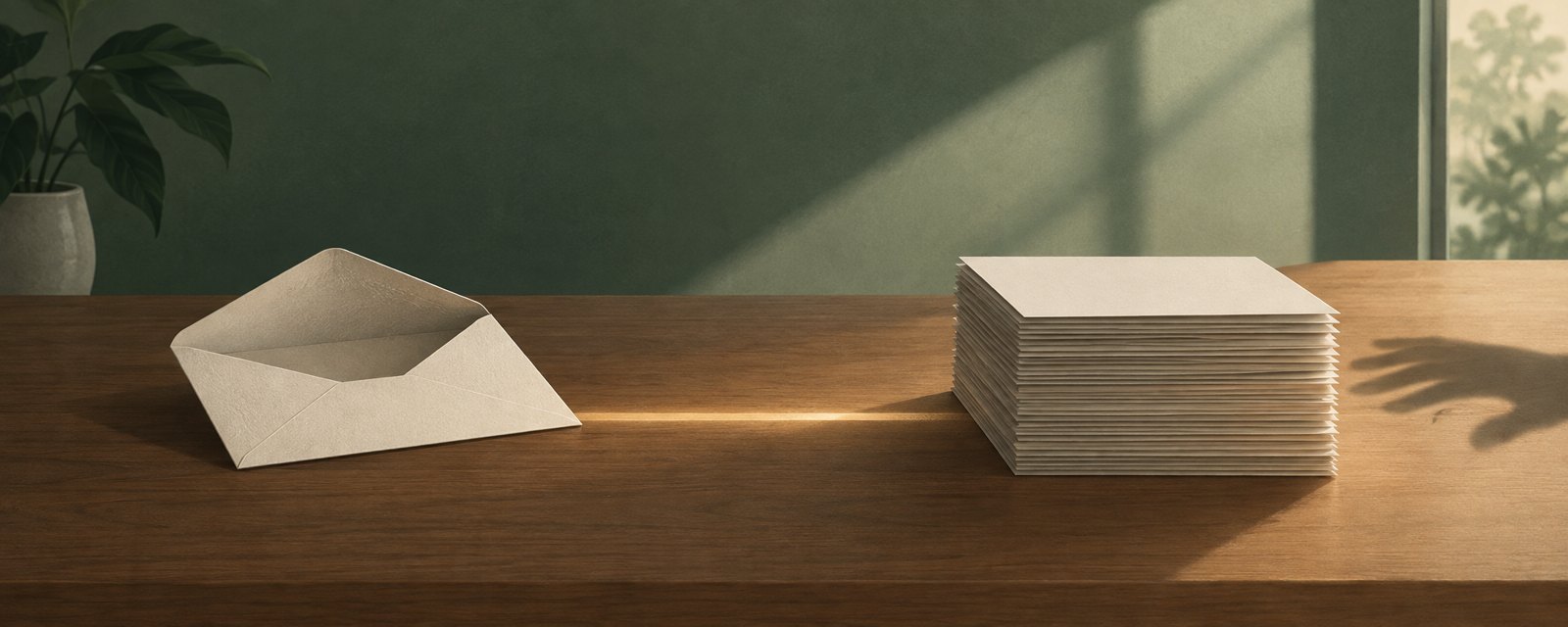 A quiet desk where light passes from an empty envelope to a growing stack of paper, showing that hollow politeness still changes what the receiver does.