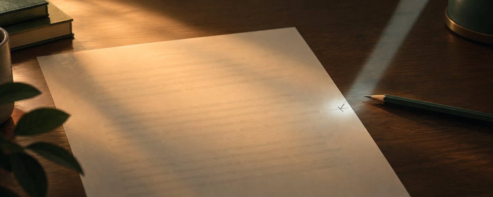 机上の原稿に広い暖かな光がかかるが何も示さず、細い一筋の光だけが直す一点を指す。褒め言葉と直し方の差を表す。