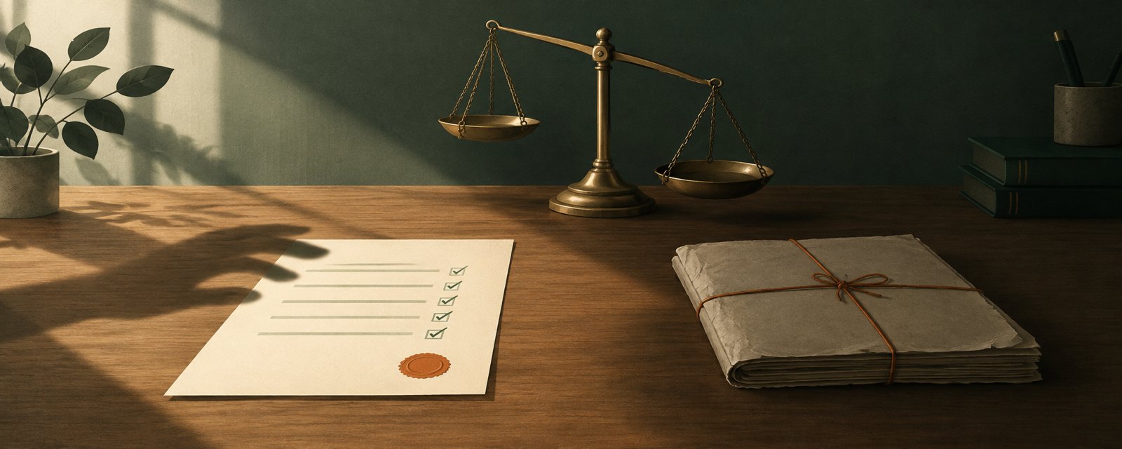 机に離れて置かれた二枚の書類。確認済みの書類の隣に、未読の協定書が残り、評価だけでは足りないことを示す。