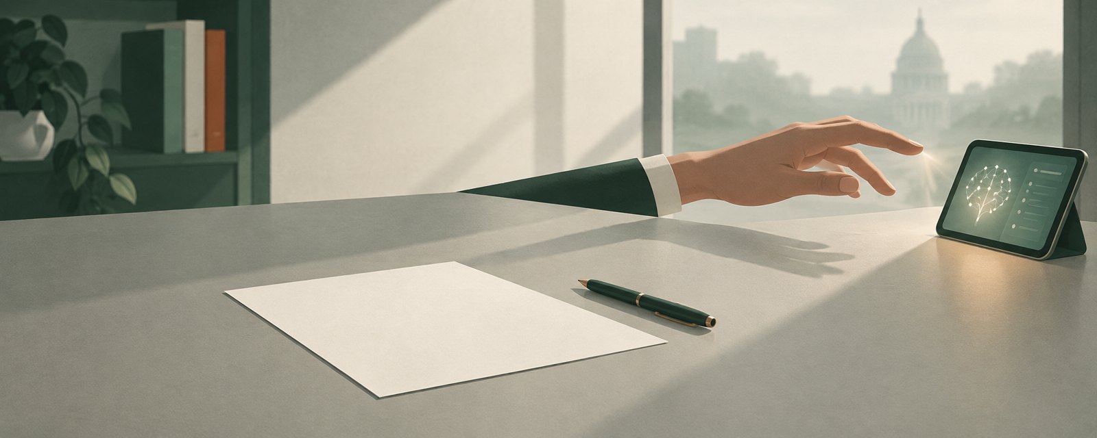 白紙の前で、光る画面へ伸びかけた手が途中で止まる机。空白をすぐ埋めず、退屈を合図として読む間を表す。