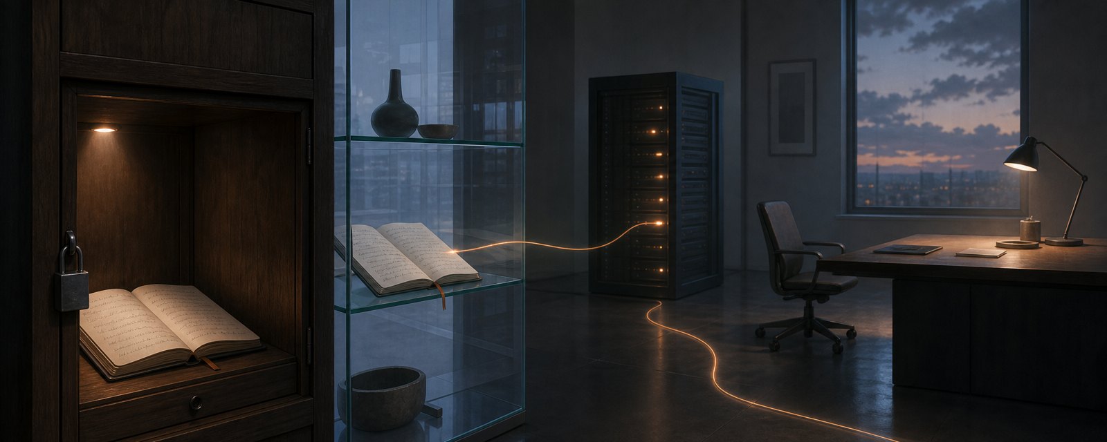 A locked cabinet shields one notebook; another on a glass shelf is linked by a thread via a server to an opposing desk, showing AI chats are not privileged.