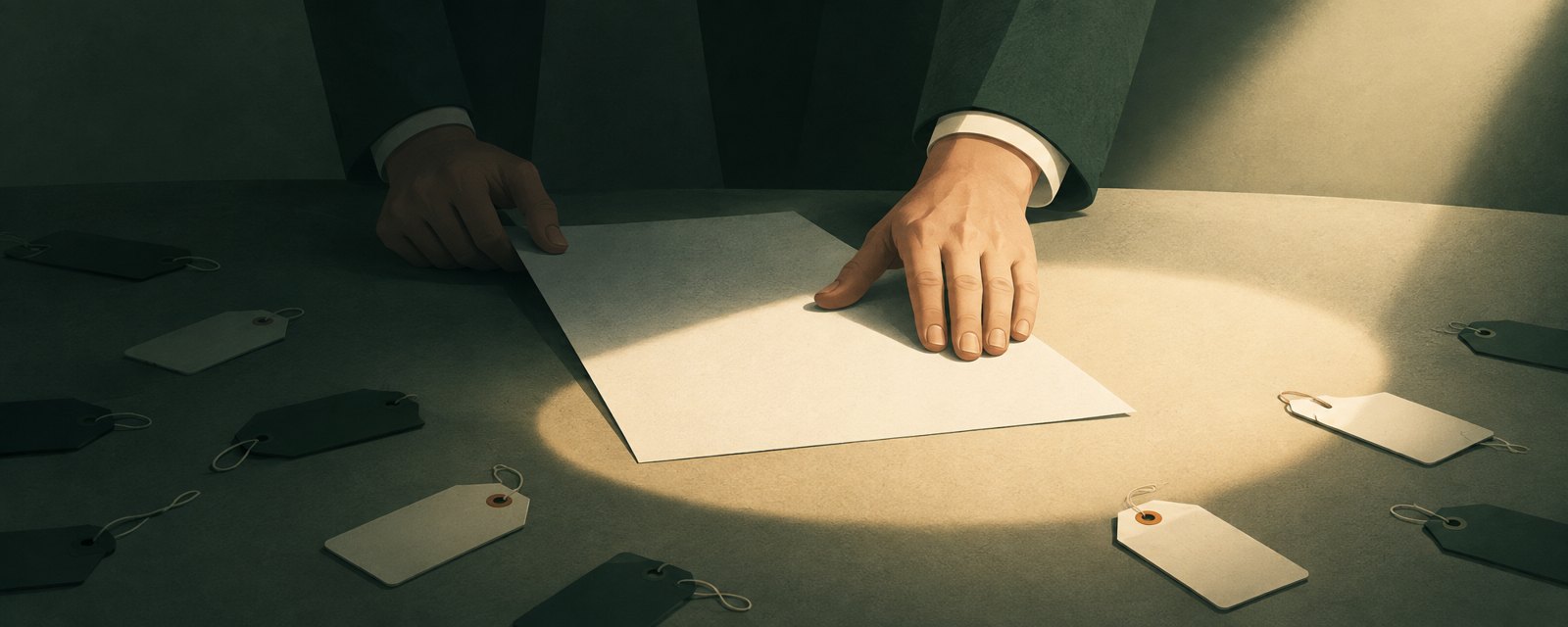 一枚の書類を光へ押す手と影で引き止める手。周りの白い札は表裏が入り混じり、日付でなく条件で公開の是非を示す。
