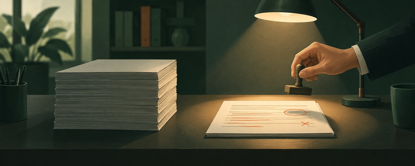 机上に積まれた未確認の書類と、赤字の入った少数の書類。承認印を持つ手は紙の上で止まったまま。判断と責任は人に残ることを表す。
