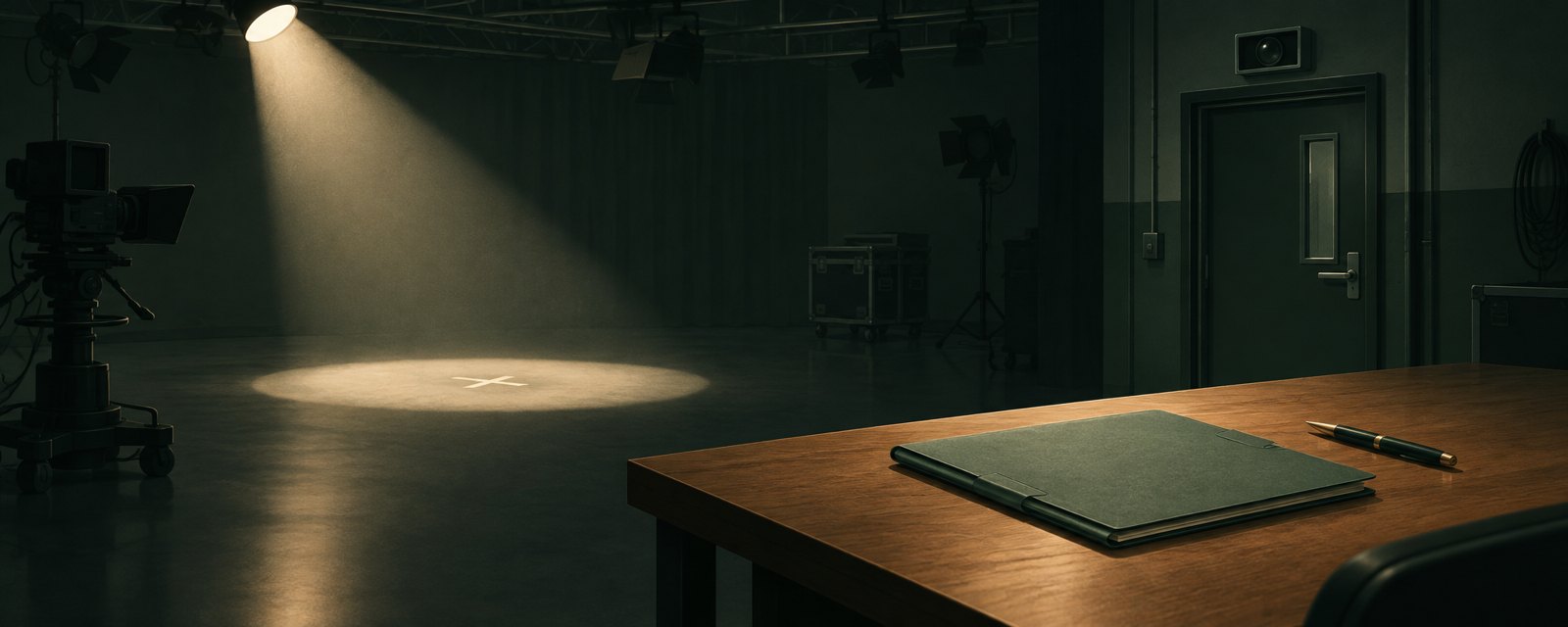 An empty soundstage under a single spotlight, with a closed folder and untouched pen on a nearby table, the record required before an ad can be published.