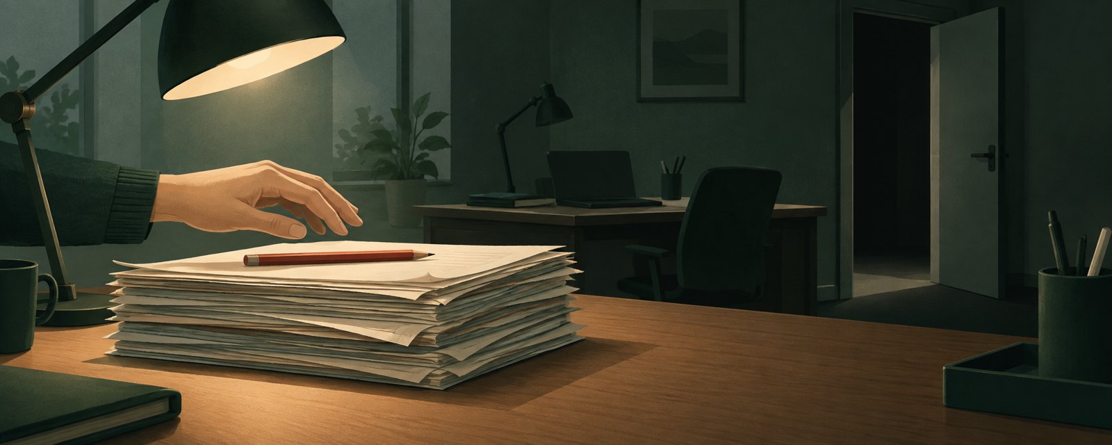 A capped pencil rests atop a stack of returned drafts, while an empty desk and a half-open door hint at paused judgment and a place still to go.