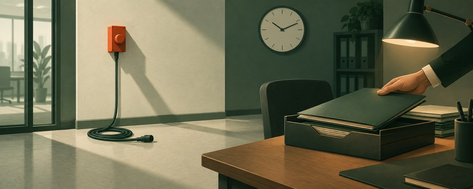 壁の赤い非常停止スイッチは配線が外れたまま、机では書類が淡々とファイルされていく。止める仕組みは未整備で、報告の仕組みだけが動く様子。