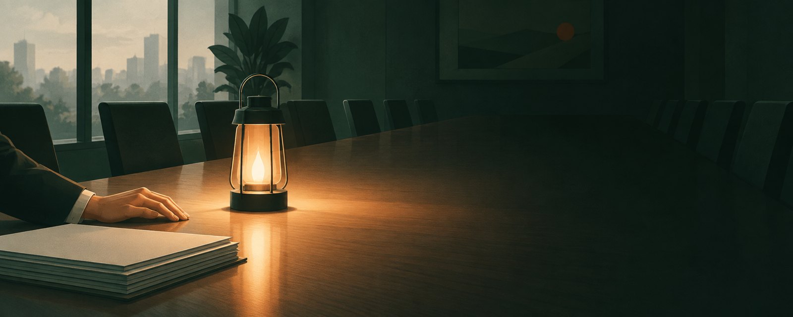 A lantern lights only the near end of a long table, the far end left in shadow, evoking an unclaimed duty to trace what lies beyond the light.