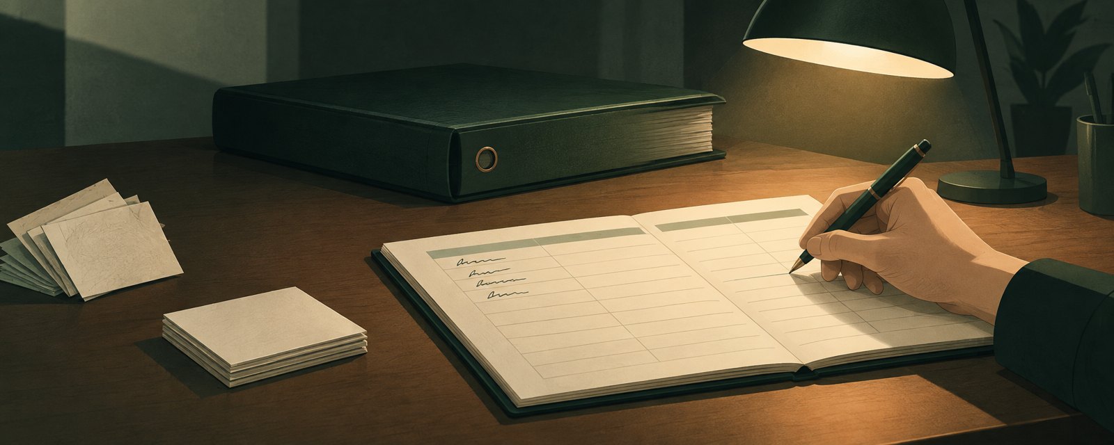 閉じた分厚い方針綴りの手前で、罫線の効いた帳面に手が一行を書き足す。方針を待たず記録から始める姿。