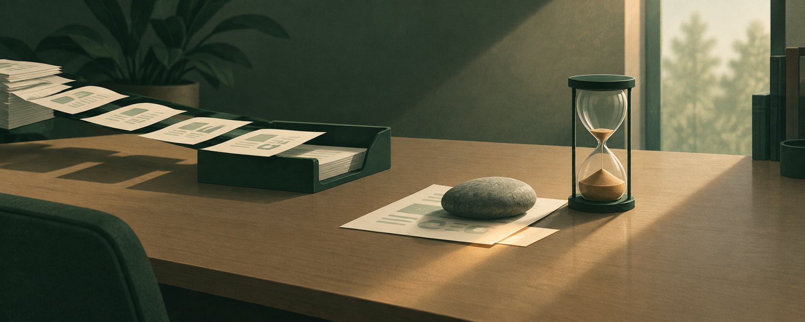 A single sheet held apart from a moving stack of papers, light on a blank card beneath a stone, an hourglass marking when it will rejoin the flow.