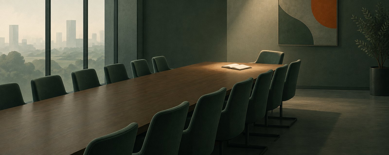 同じ向きの椅子が並ぶ会議机で、一脚だけ角度を変え、開いた白紙のノートに光が当たる。反対を残す仕組みを表す。